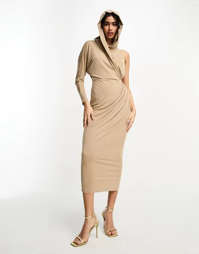 Robe mi-longue drapée asymétrique à capuche - moka - Asos Design - Modalova