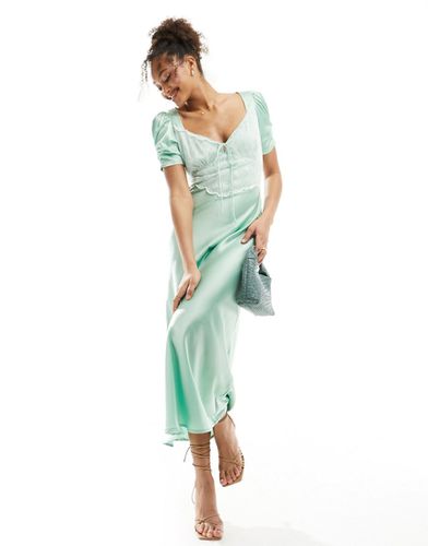 Robe mi-longue en satin à col en V et corsage en dentelle contrastante - Vert sauge - Asos Design - Modalova