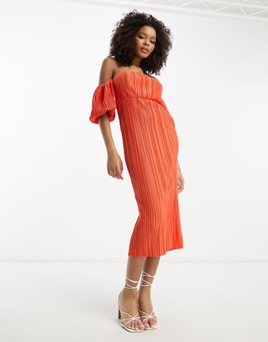 Robe mi-longue en tissu plissé texturé avec encolure Bardot et manches bouffantes - Tangerine - Asos Design - Modalova