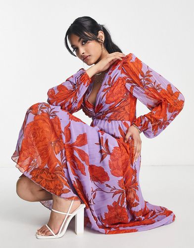 Robe mi-longue fleurie à décolleté plongeant et corsage plissé - Asos Design - Modalova