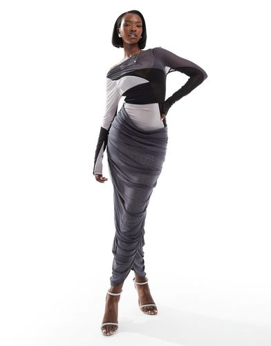 Robe mi-longue froncée en tulle à imprimé color block ton sur ton et épaules dénudées - Asos Design - Modalova