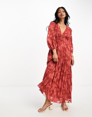 Robe mi-longue froncée et boutonnée à taille plissée et effet dévoré - Rouille - Asos Design - Modalova