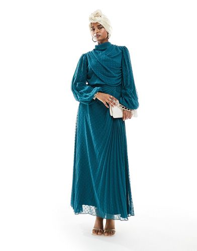 Robe portefeuille longue en plumetis plissé à col montant - Sarcelle - Asos Design - Modalova