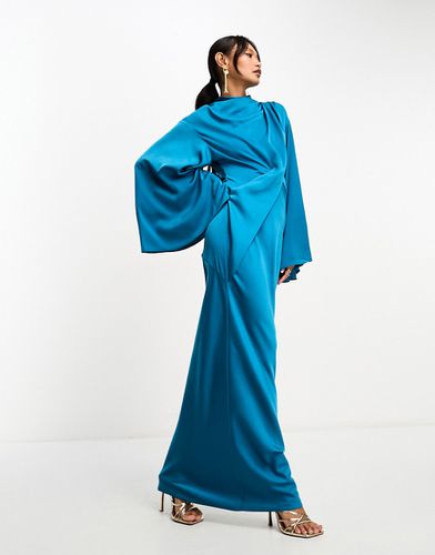 Robe portefeuille longue en satin avec corsage drapé et manches kimono - encre - Asos Design - Modalova