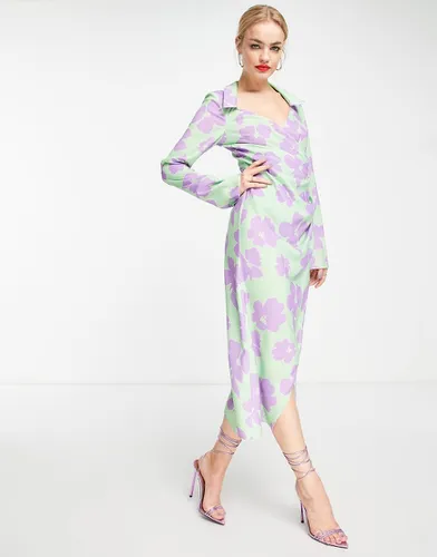 Robe portefeuille mi-longue drapée style années 70 - Vert à fleurs lilas - Asos Design - Modalova