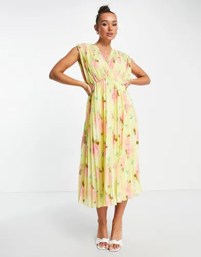 Robe portefeuille mi-longue plissée à imprimé fleuri - Jaune - Asos Design - Modalova