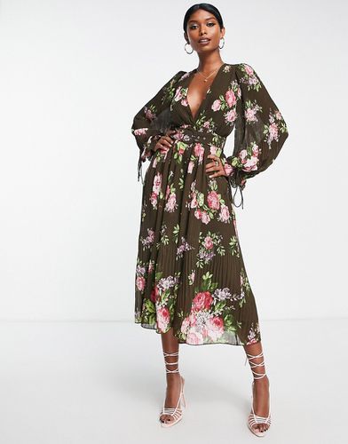 Robe plissée mi-longue à imprimé fleuri avec ceinture et manches blousantes - Asos Design - Modalova