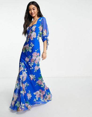Robe rétro longue à imprimé floral avec empiècements coupés en biais et détails noués - Bleu - Asos Design - Modalova