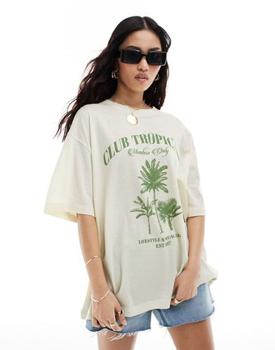 T-shirt coupe boyfriend texturé avec imprimé Club Tropicana - Crème - Asos Design - Modalova