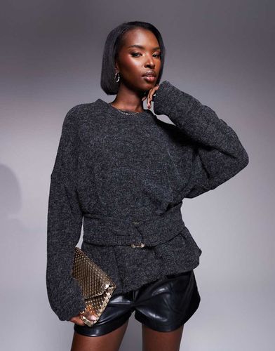 Top en maille bouclée côtelée avec manches longues et détail métallique doré - Anthracite - Asos Design - Modalova