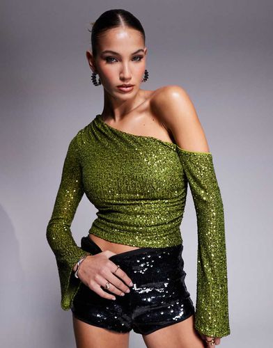 Top froncé à sequins et encolure asymétrique - Olive - Asos Design - Modalova