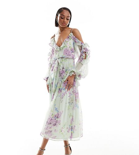 ASOS DESIGN Tall - Robe mi-longue asymétrique à fleurs avec épaules dénudées et volants - Vert - Asos Tall - Modalova