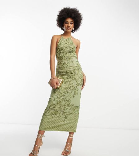 ASOS DESIGN Tall - Robe mi-longue ornementée à col montant avec perles effet miroir - Kaki - Asos Tall - Modalova