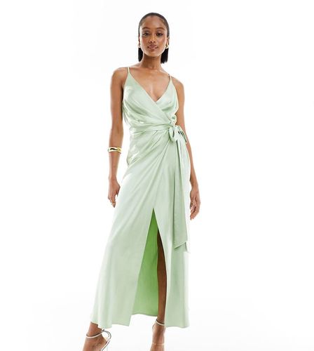 Tall - Robe caraco portefeuille longueur mollet en satin - sauge - Asos Design - Modalova