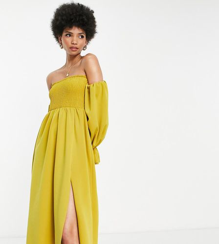 ASOS DESIGN Tall - Robe de bal de promo mi-longue à fronces avec encolure Bardot et manches blousantes - Chartreuse - Asos Tall - Modalova