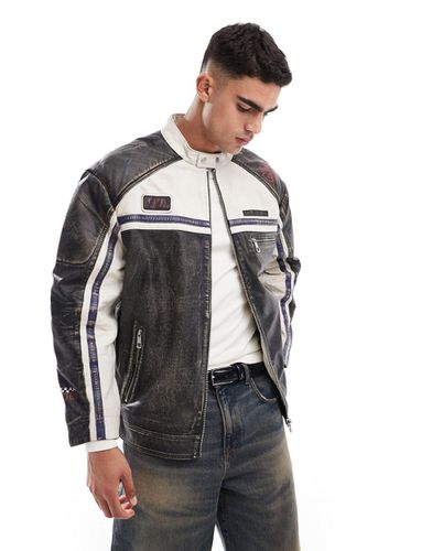 Veste style motocross en cuir véritable avec écussons - délavé - Asos Design - Modalova