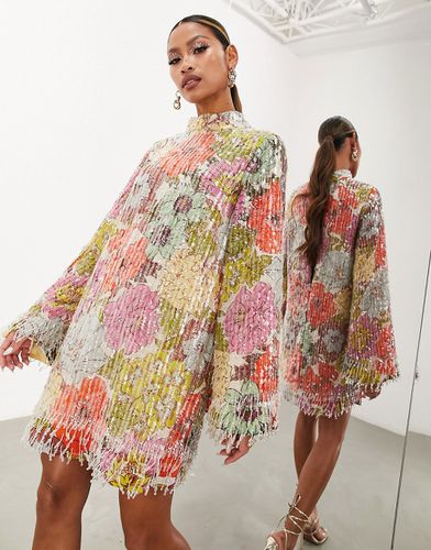 Robe courte à col montant à sequins, franges et imprimé fleurs de couleurs vives - Asos Edition - Modalova