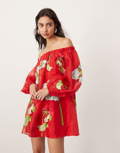 Robe courte ample en organza à broderie fleurs et encolure Bardot - Asos Edition - Modalova