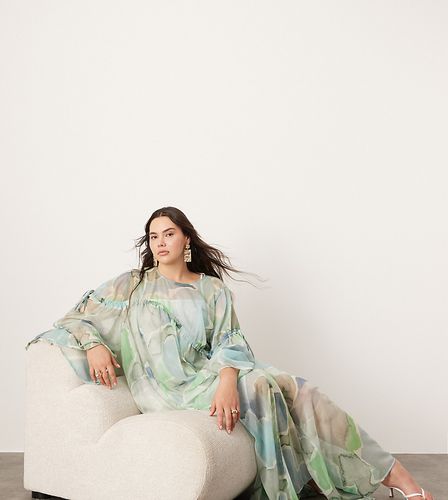 Robe longue en mousseline imprimé aquarelle avec manches longues et détails froncés - Bleu - Asos Edition - Modalova