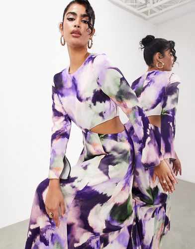 Robe longue en satin imprimé aquarelle à manches longues - Violet - Asos Edition - Modalova