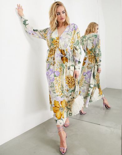 Robe mi-longue oversize en satin avec col en V à cordon de serrage et imprimé à grandes fleurs - Asos Edition - Modalova