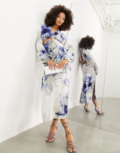 Robe mi-longue en lin imprimé aquarelle avec découpes - Bleu - Asos Edition - Modalova