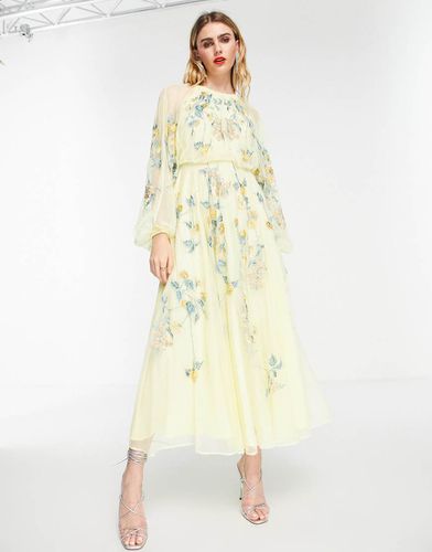 Robe mi-longue en tulle à fleurs brodées et manches bouffantes - Citron - Asos Edition - Modalova