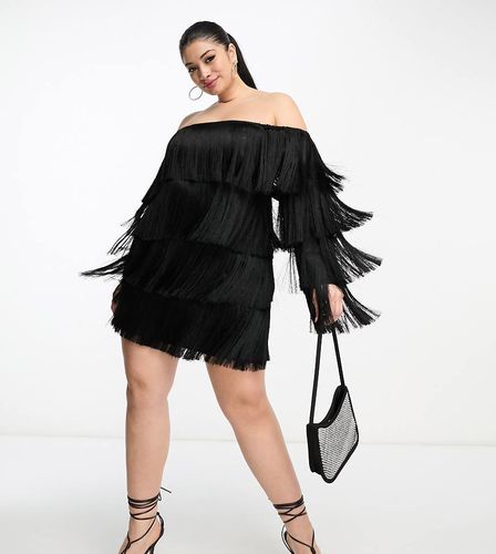 Curve - Robe courte à franges et encolure Bardot - Noir - Asos Luxe - Modalova