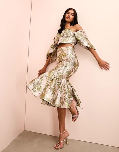 Jupe mi-longue d'ensemble en jacquard à godets et imprimé fleuri - et doré - Asos Luxe - Modalova