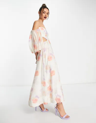 Robe longue à découpes et manches ballon avec imprimé floral effet peinture - Bardot - Modalova