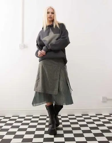 Jupe kilt mi-longue en tweed avec superposition - Kaki - Basic Pleasure Mode - Modalova