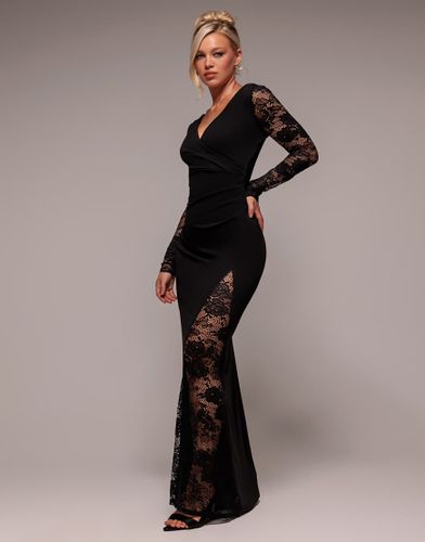 Robe portefeuille longue en tissu imitation noprne et dentelle - Goddiva - Modalova