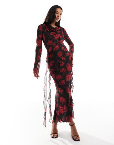 Robe longue en mousseline avec froufrous - Imprimé fleurs rouges - Daska - Modalova