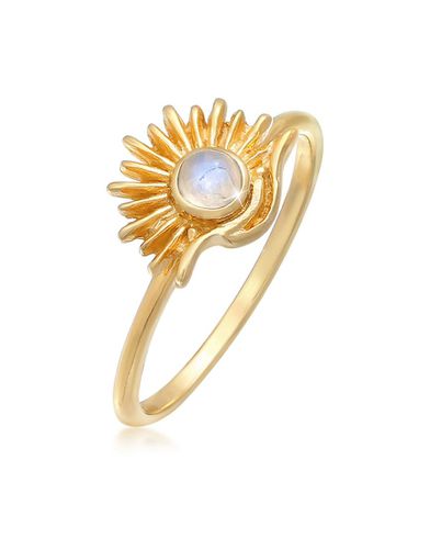 Bague style bohème en argent massif plaqué or avec soleil serti d'une pierre de lune - Elli - Modalova