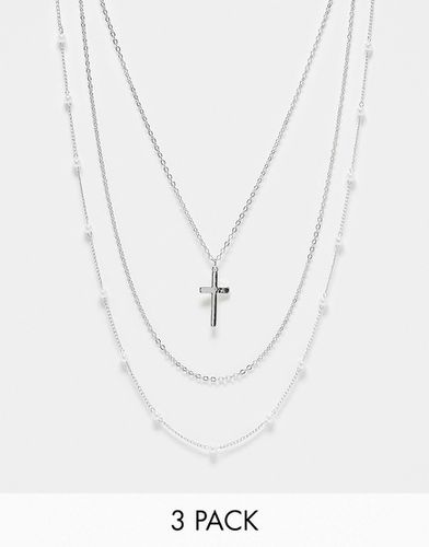 Lot de 3 colliers de perles, en chaîne et croix - Faded Future - Modalova