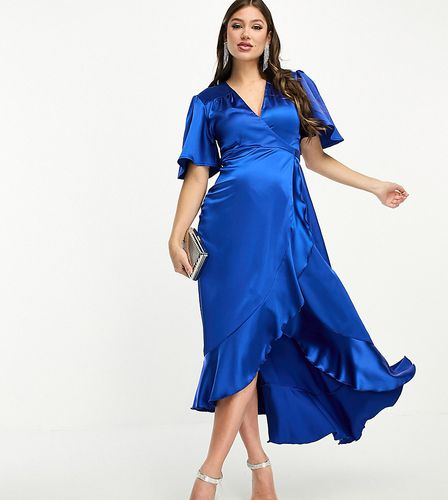 Robe portefeuille mi-longue en satin avec manches évasées - de cobalt - Flounce London Maternity - Modalova