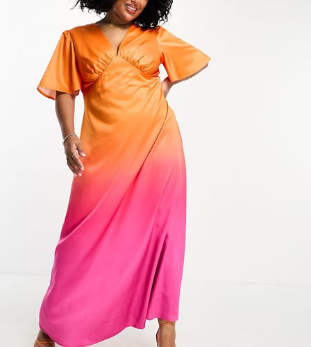 Robe longue à manches évasées et décolleté plongeant - Rose et orange effet dégradé - Flounce London Plus - Modalova