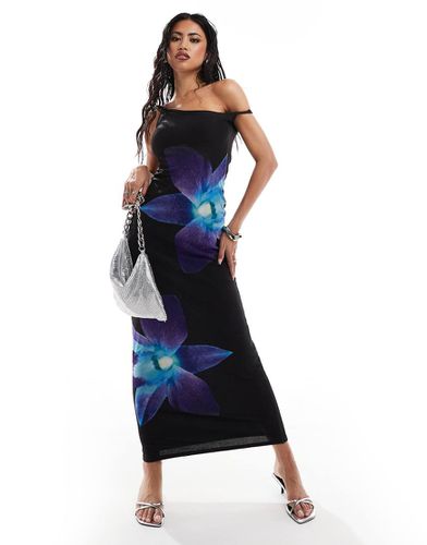 Robe longue à épaule dénudée en tulle avec imprimé fleurs bleues - Noir - Kaiia - Modalova