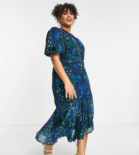 Robe mi-longue rétro à manches bouffantes et imprimé étoiles - cobalt - Hope & Ivy Plus - Modalova
