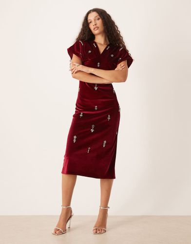Robe mi-longue en velours ornement  col en V - Bordeaux - Hope & Ivy - Modalova