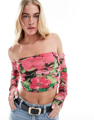 Crop top en tulle imprimé fleuri avec encolure bardot et détail froncé - Multicolore - Only - Modalova