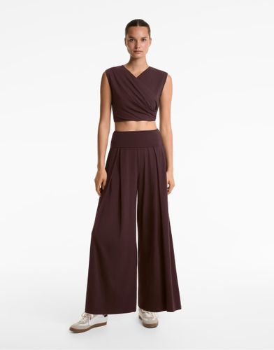 Pantalon droit en coton mlang  taille rabattue - Marron - Oysho - Modalova