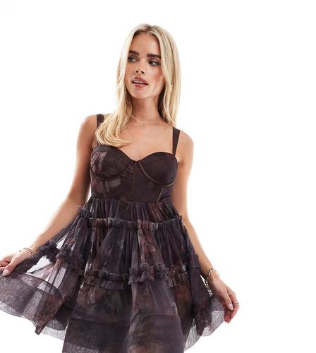 Robe babydoll courte style corset en tulle à fleurs - Bordeaux - Lace & Beads Petite - Modalova