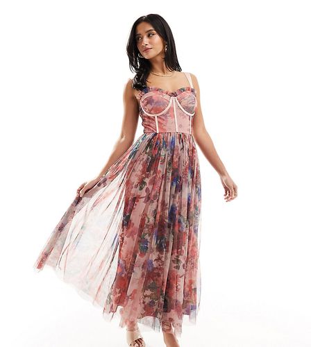 Robe corset mi-longue en tulle à fleurs variées - Rose - Lace & Beads Petite - Modalova