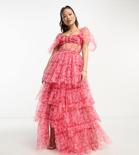 Robe longue corset à épaules dénudées en tulle - Imprimé fleurs rose et - Lace & Beads Petite - Modalova