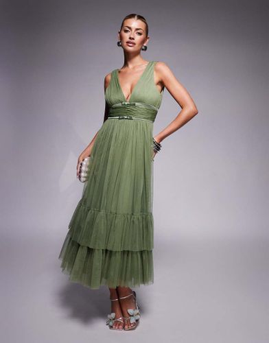 Robe longueur mollet  volants en tulle avec nauds  la taille - olive - Lace & Beads - Modalova