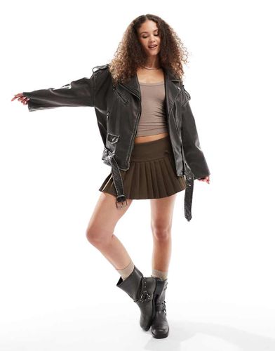 Blouson style motard oversize en similicuir effet usé avec poches - Anthracite - Lioness - Modalova