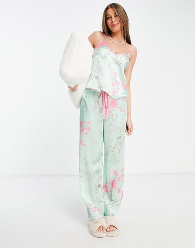Ensemble pyjama en satin à imprimé fleurs avec caraco - Menthe et rose - Liquorish - Modalova