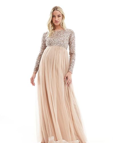 Demoiselle d'honneur - Robe longue en tulle à manches longues et sequins délicats ton sur ton - Blush pâle - Maya Maternity - Modalova