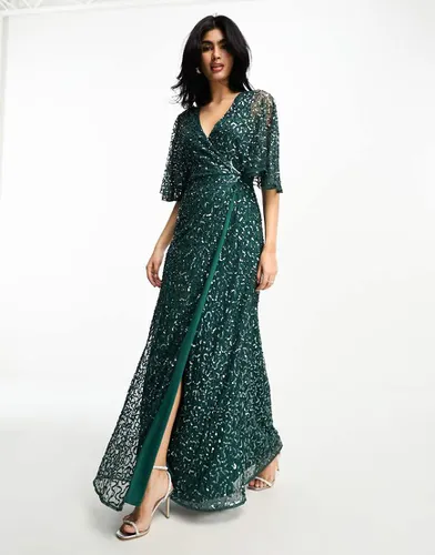 Robe longue de demoiselle d'honneur en tulle orné de sequins ton sur ton avec manches kimono - émeraude - Maya - Modalova